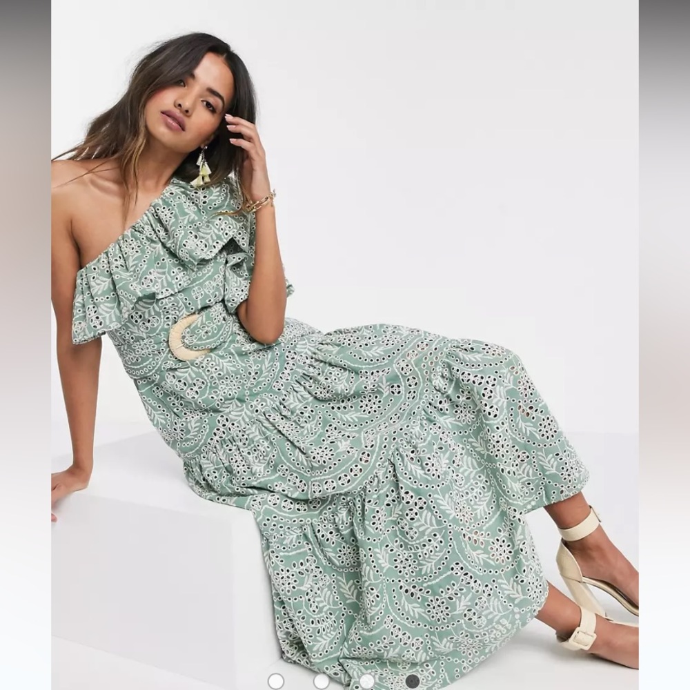 NWT Asos Design One Shoulder Broderie Ruffle Maxi Dress With Belt in Green Sz 4